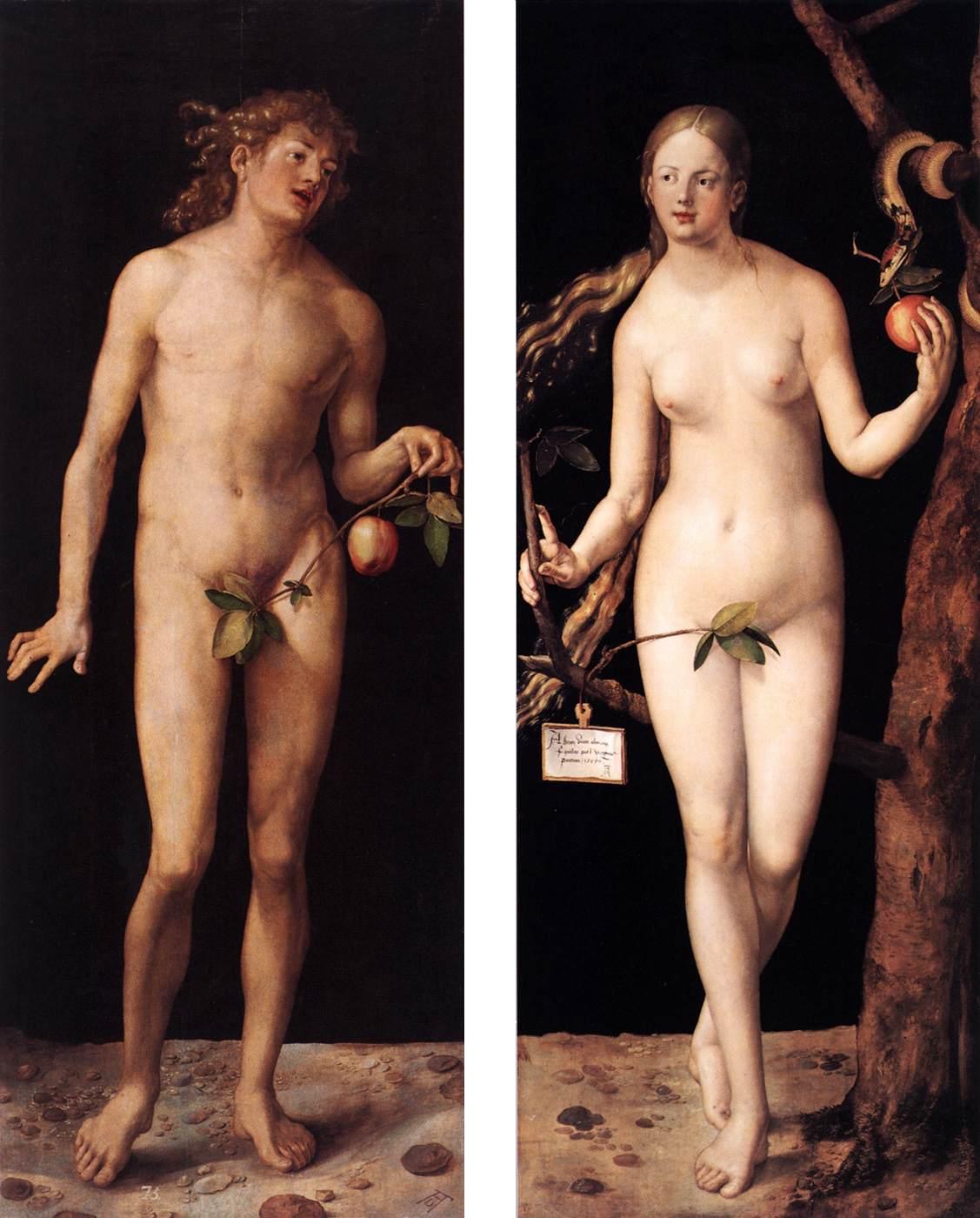 アルブレヒト・デューラー『アダムとエヴァ』(プラド美術館、1507年)。知識の木のそばに立つアダムとエヴァ、木に巻きつく蛇
