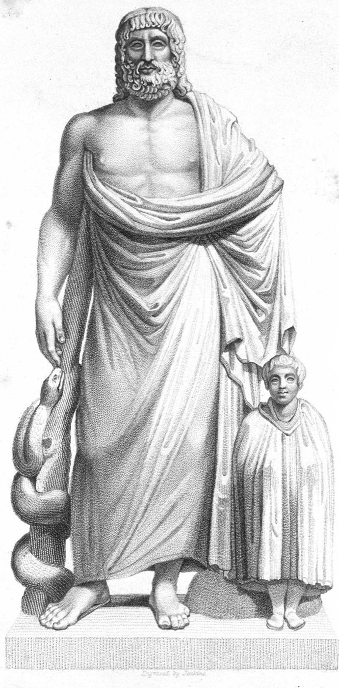 ルーヴル美術館所蔵のアスクレピオス（アエスクラピウス）像を描いた版画(1860年頃、彫版師Jenkins)