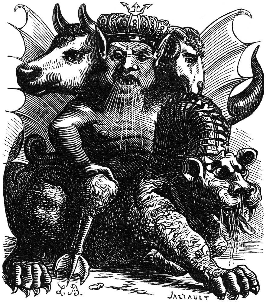 ルイ・ル・ブルトン画、アスモデウスの図版(コラン・ド・プランシー『地獄の辞典』1863年版より)