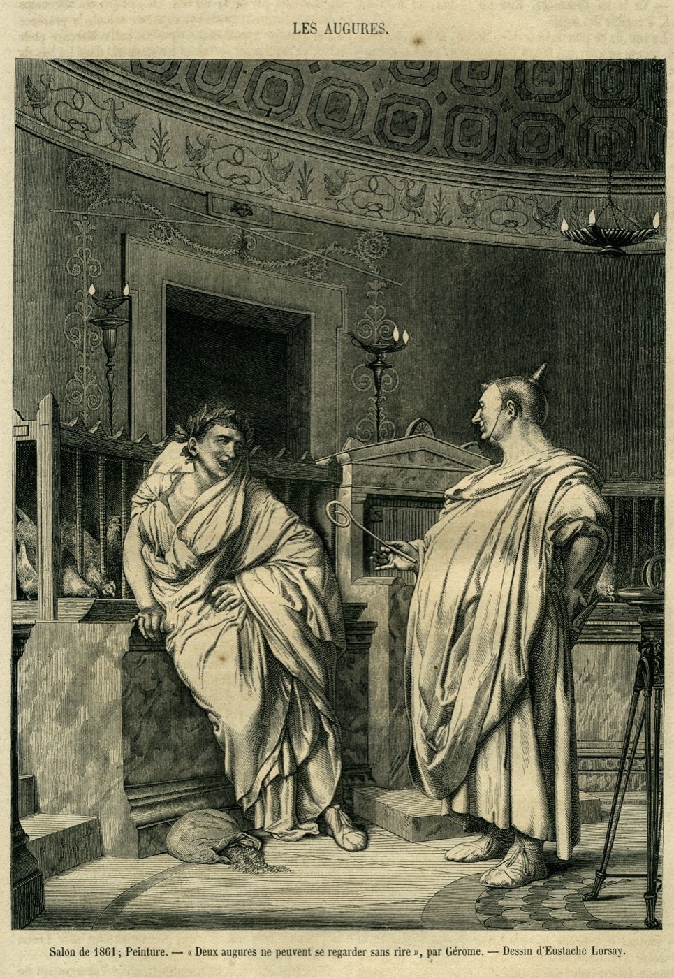 ジャン=レオン・ジェロームの絵に基づく、古代ローマの鳥占官(アウグル)二人を描いた版画(1861年)