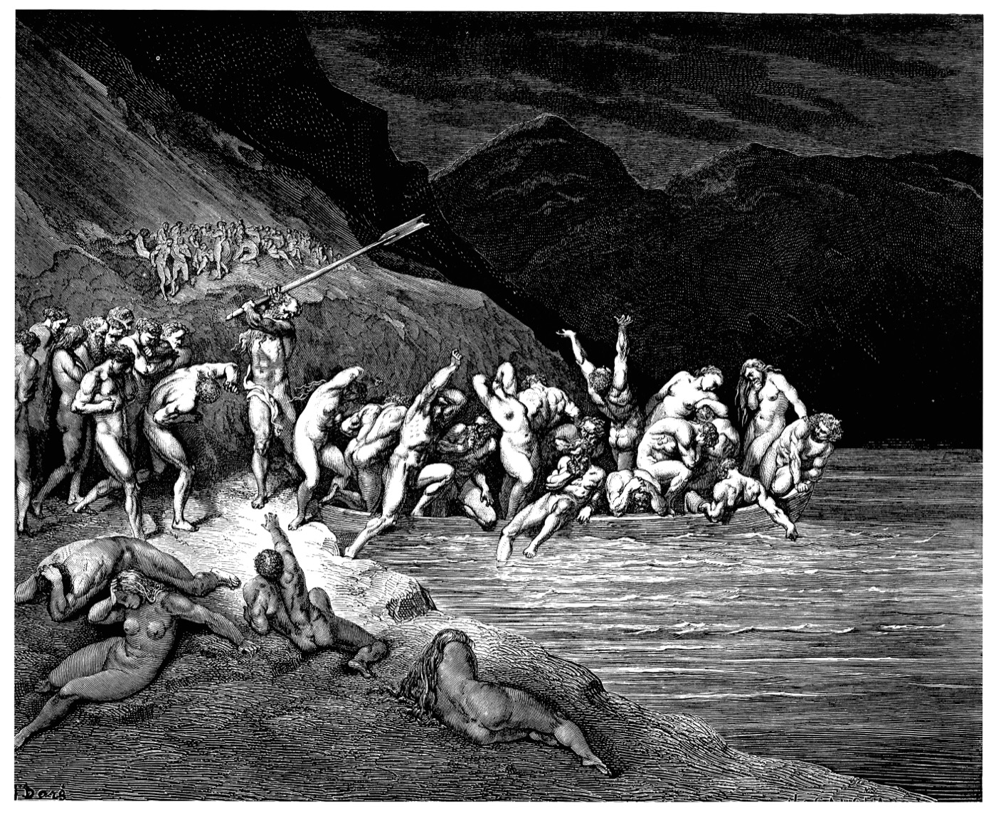 ギュスターヴ・ドレによるダンテ『神曲』地獄篇挿絵(カロンが亡者たちを舟に追い立てる場面、1861年)