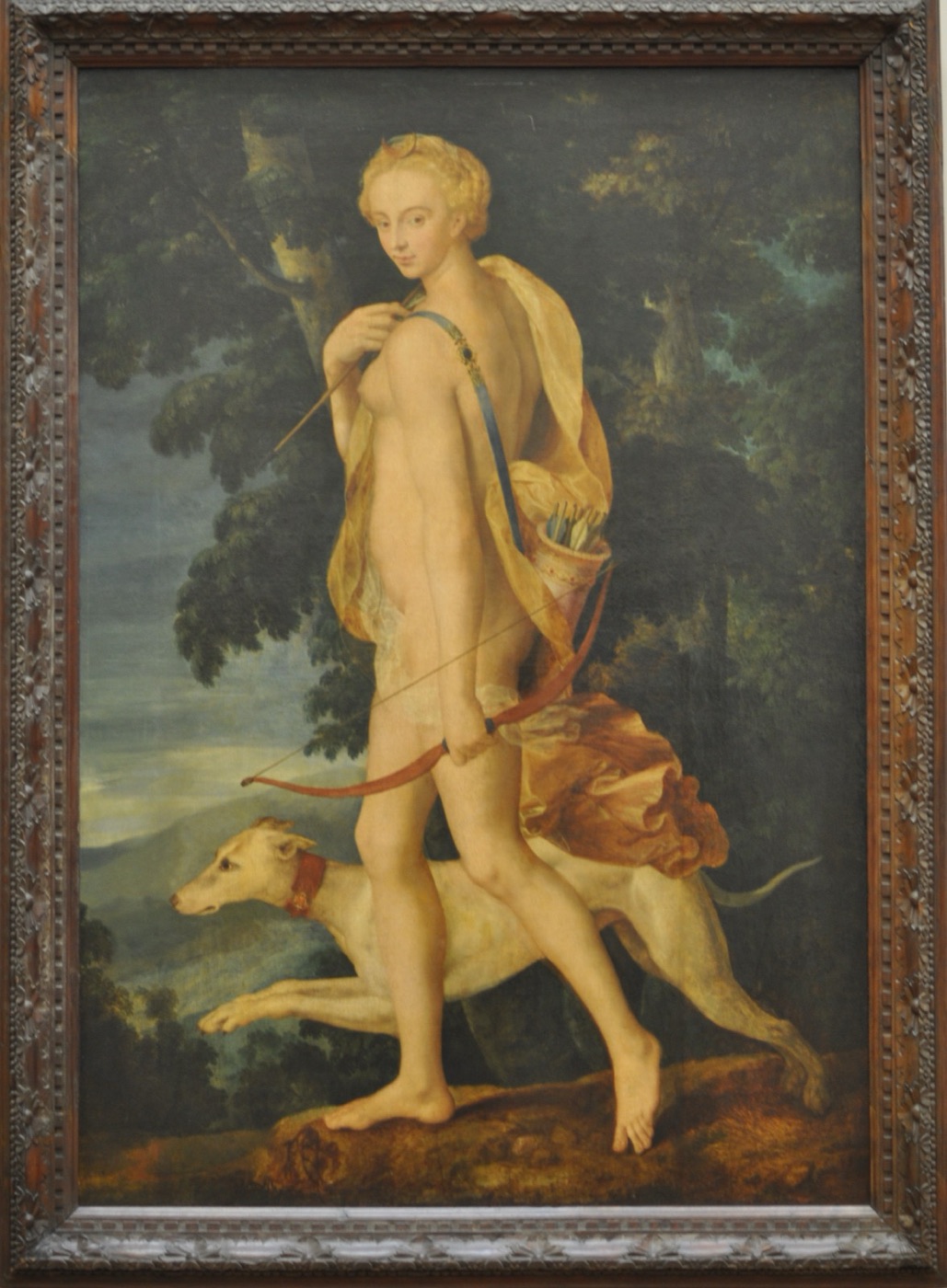 フォンテーヌブロー派『狩りの女神ディアナ（ディアーヌ・シャスレス）』(ルーヴル美術館、1550年代頃)。月と同一視されたギリシャ神話の女神アルテミス（ローマ神話ディアナ）を描く