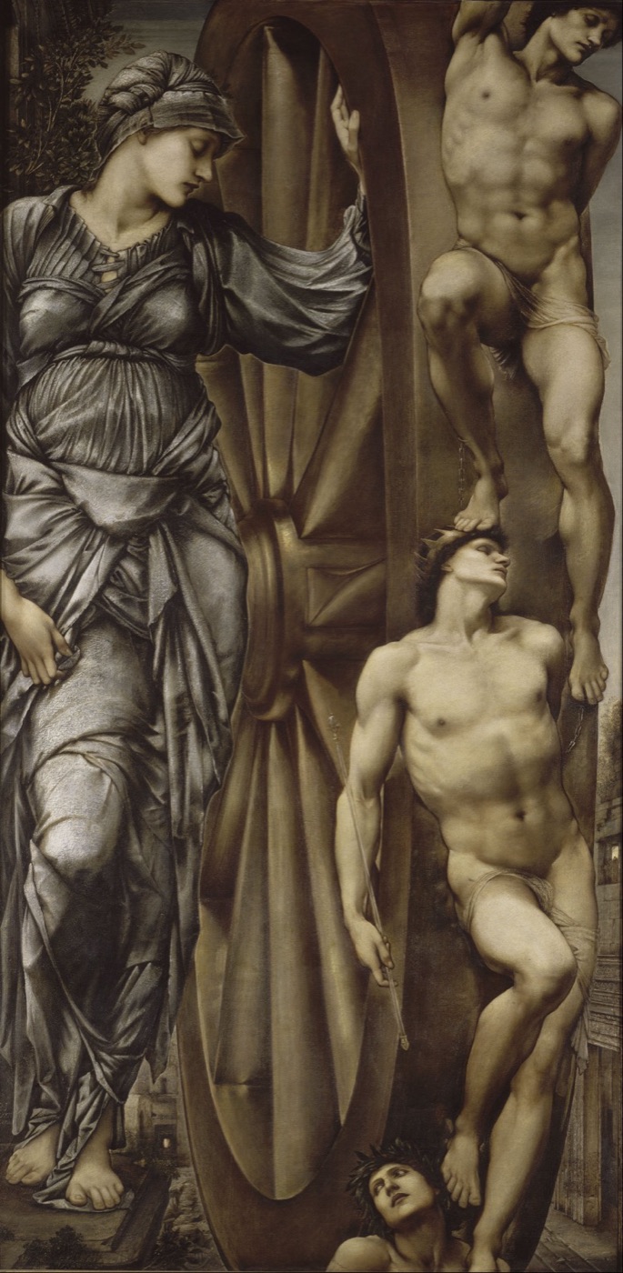 エドワード・バーン=ジョーンズ『運命の輪』(1875年-1883年、オルセー美術館)。輪の上で昇る者・戴冠する者・転落する者が描かれる