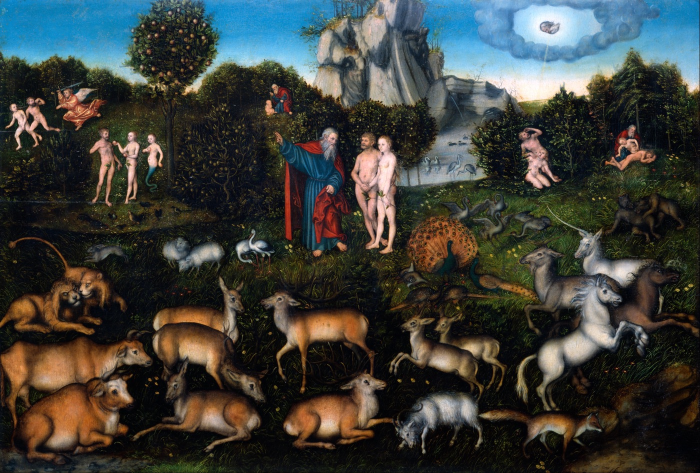 ルーカス・クラナッハ(父)『エデンの園』(ドレスデン国立古典絵画館、1530年)。知識の木に巻きつきエヴァを誘う蛇