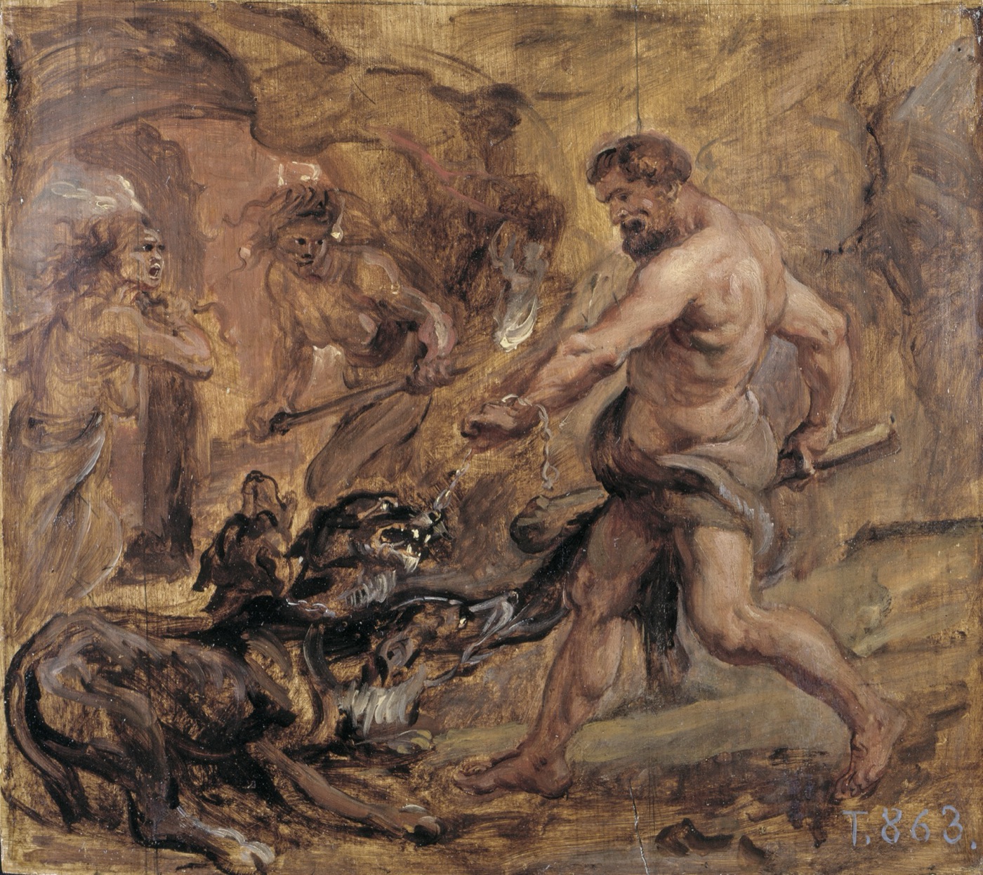 ルーベンス『ヘラクレスとケルベロス』(1636年頃)。冥界からケルベロスを引き連れるヘラクレスを描く