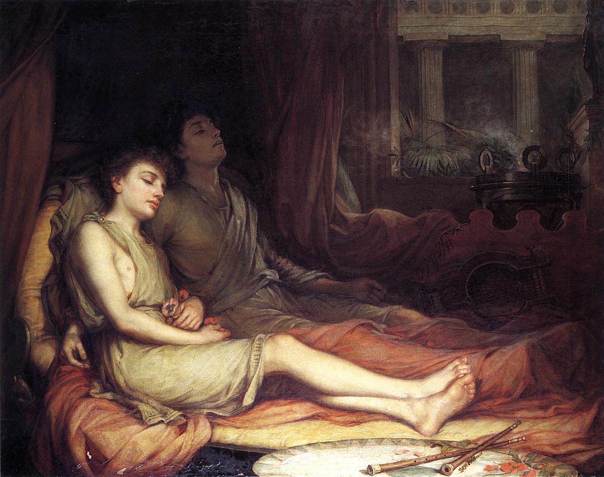 ジョン・ウィリアム・ウォーターハウス『眠りと、その異父兄弟である死』(個人蔵、1874年)。手前に光を浴びるヒュプノス、奥に影に包まれるタナトスが描かれる