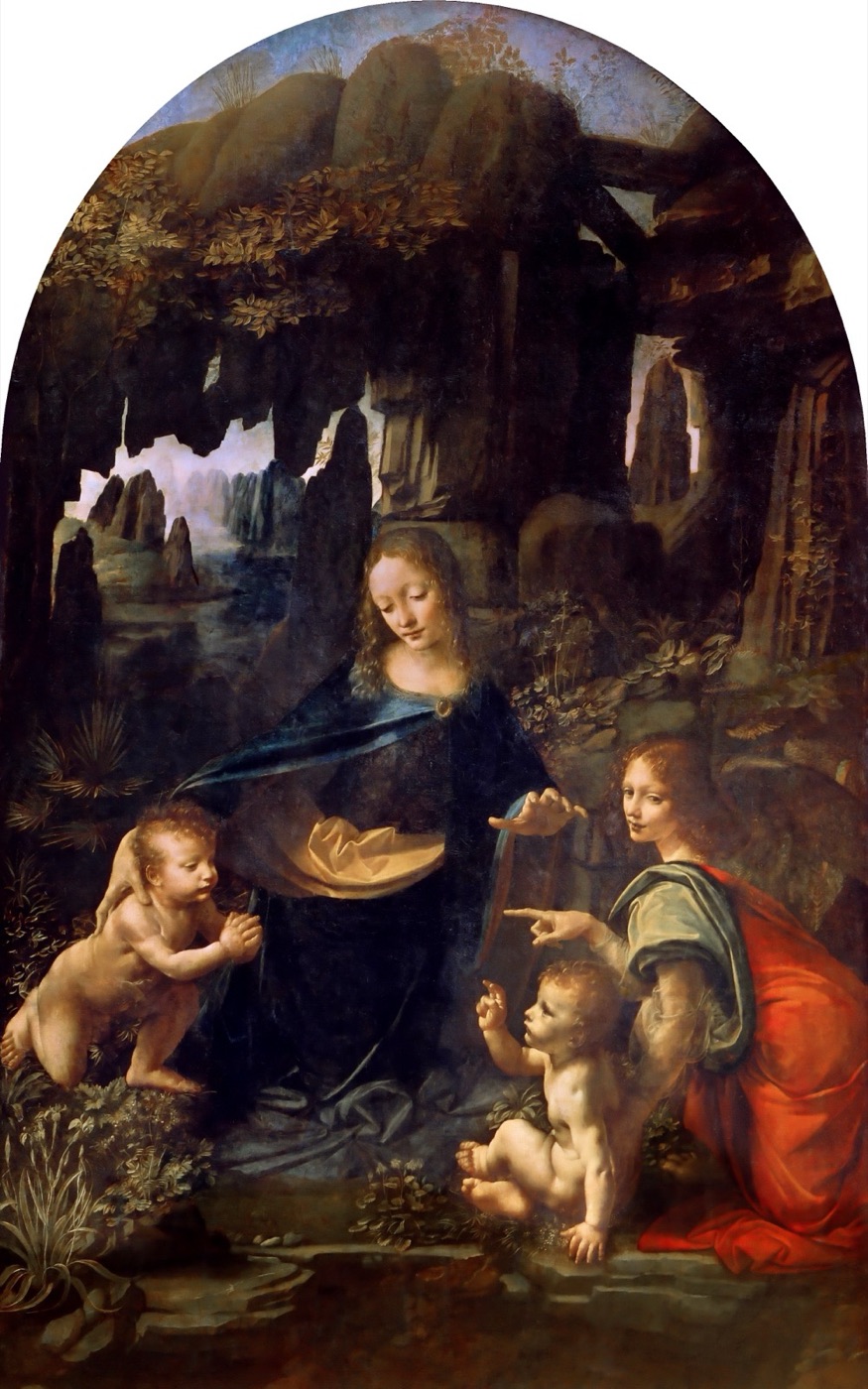 レオナルド・ダ・ヴィンチ『岩窟の聖母』(ルーヴル美術館、1483年-1486年頃)。伝統的にウリエルと同定される天使が描かれる