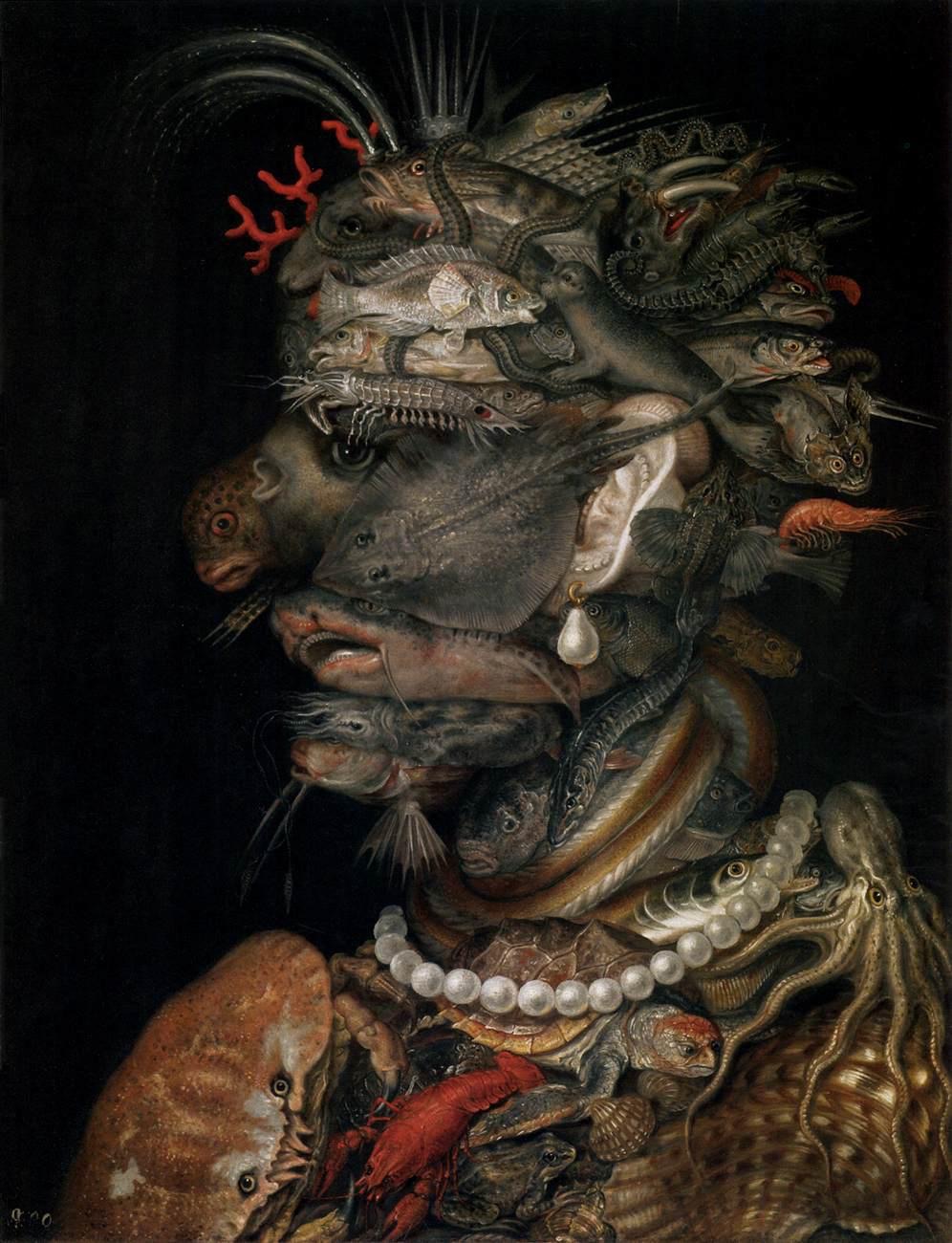 ジュゼッペ・アルチンボルド『水』(1566年、クンストヒストリシェス美術館)。水生生物や貝殻の集積で構成された寓意的頭部像